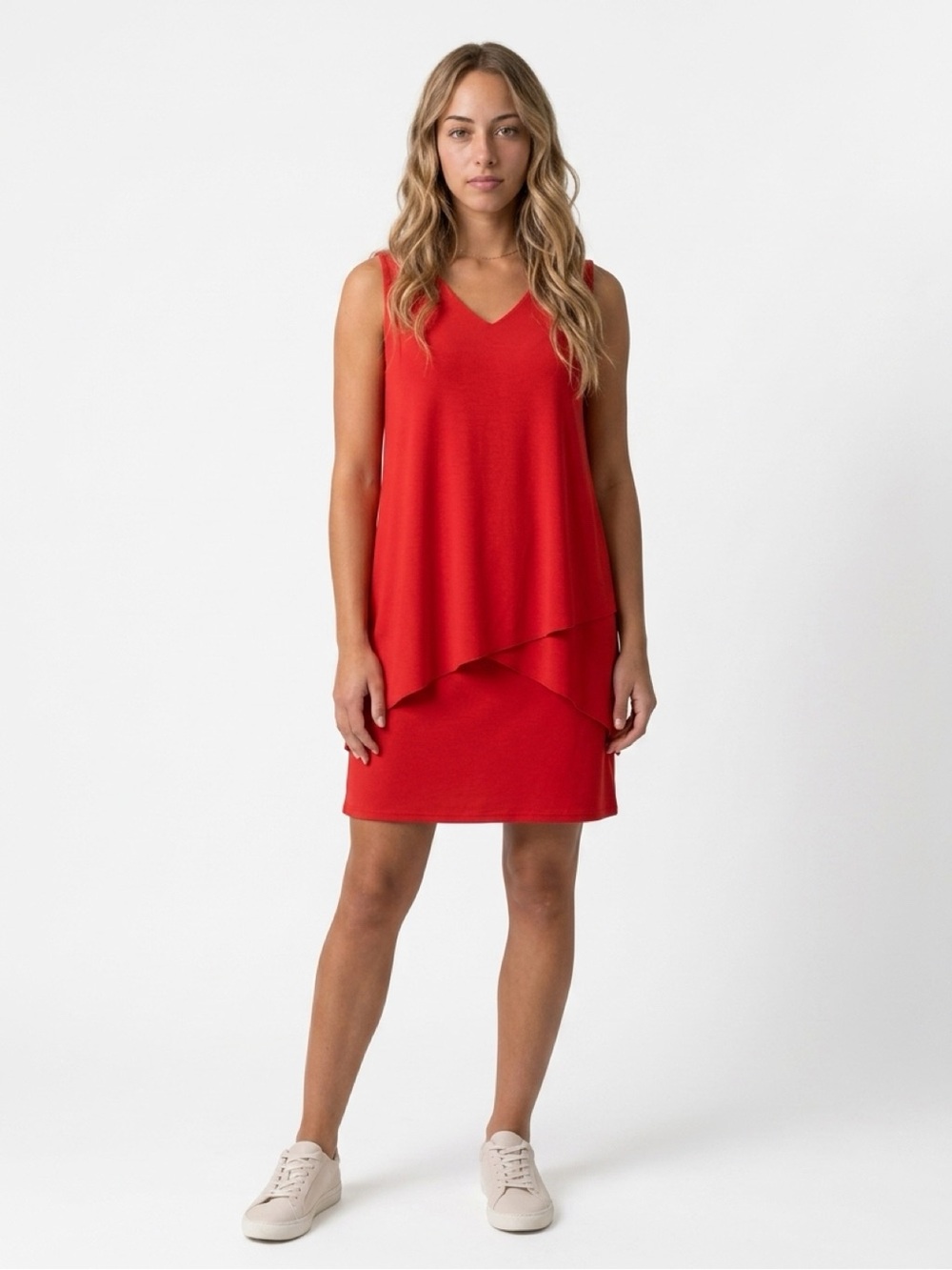 Susan Graver Liquid Knit Red Layered V-Neck Sleeveless Dress